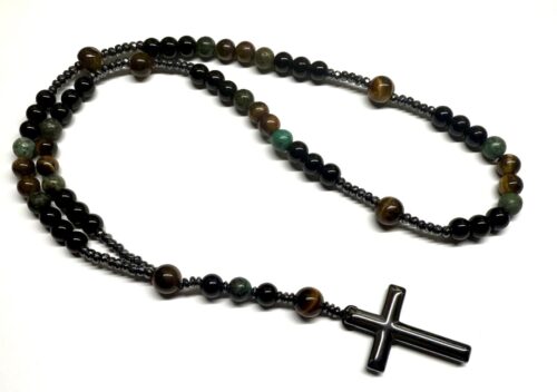 Ροζάριο λαιμού από ημιπολύτιμους λίθους με σταυρό από Αιματίτη ROS 101