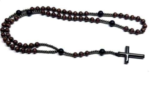 Ροζάριο λαιμού από Ξύλο, Αιματίτη και Όνυχα μαύρο ματ ROS 106
